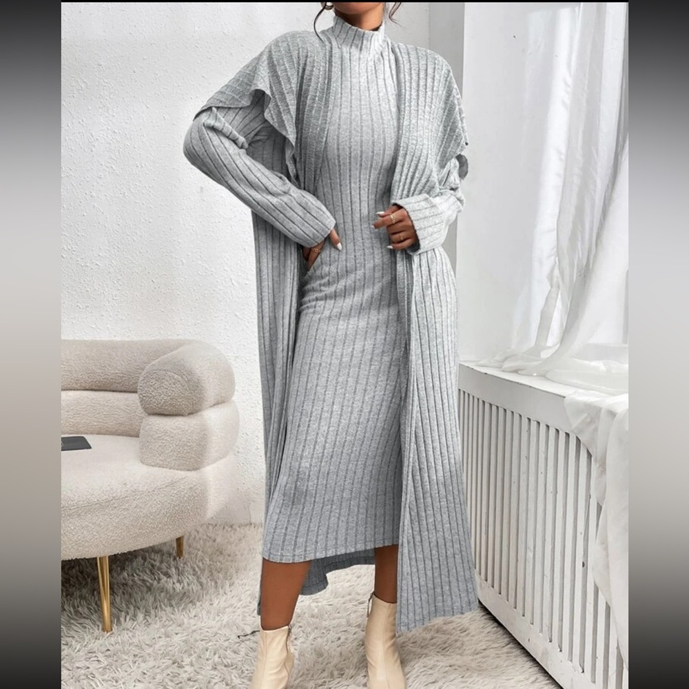 I am selling a SHEIN Privé Mock Neck Ruffle
Cardigan & Bodycon Tank XS Dress